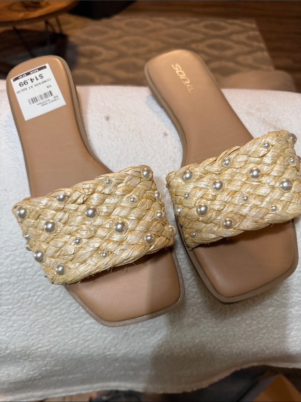 Soda Natural Pearl-Embellished Woven Slide Mules